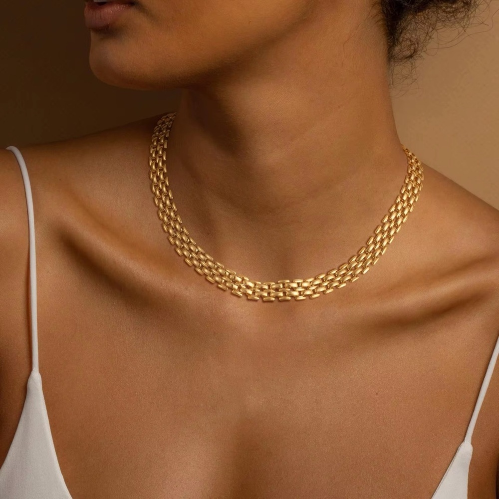 Gold Multi-Row Chain Choker Necklace - Women Jewelry - Picture 5 of 8